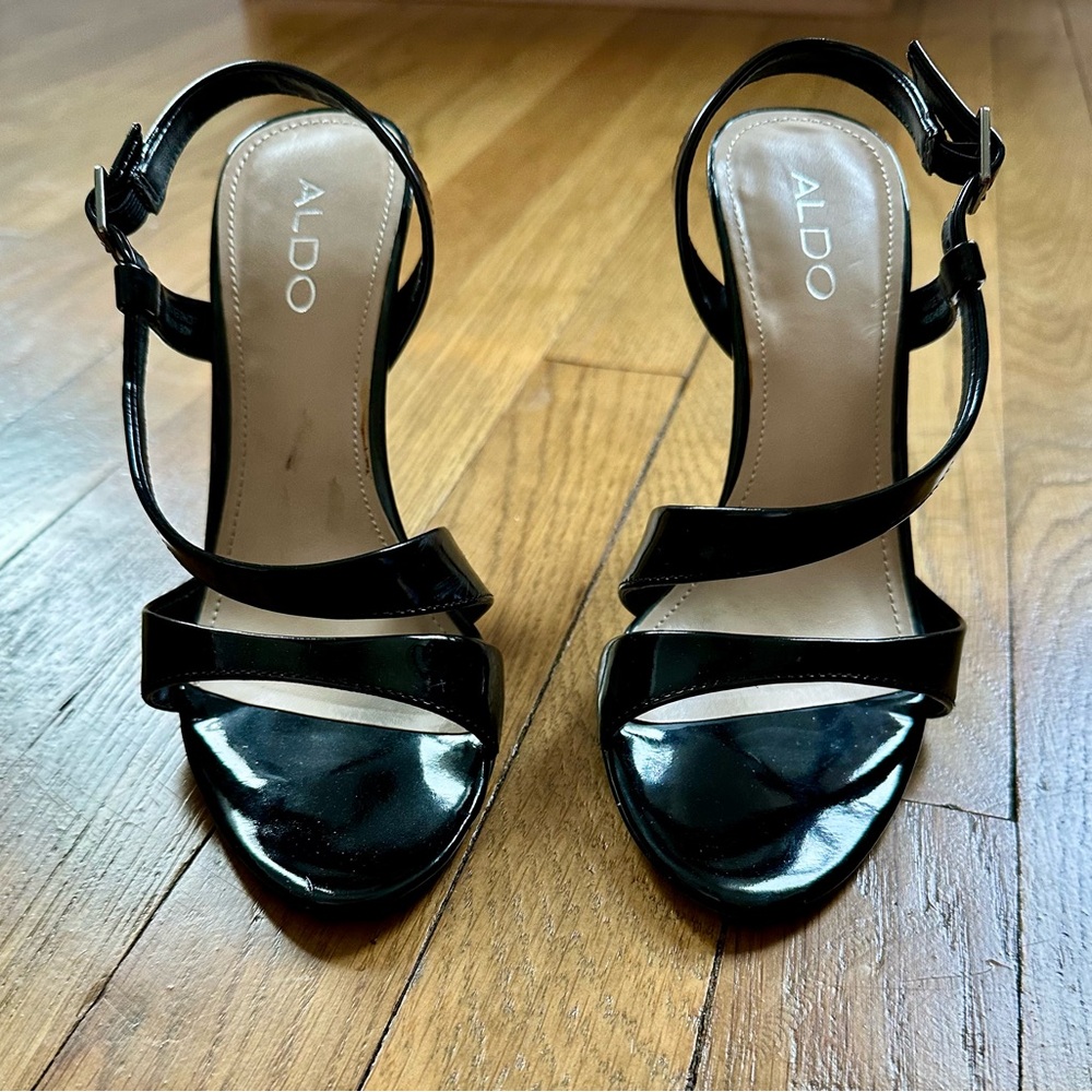 Aldo Black Patent Strappy Open-Toe Heels